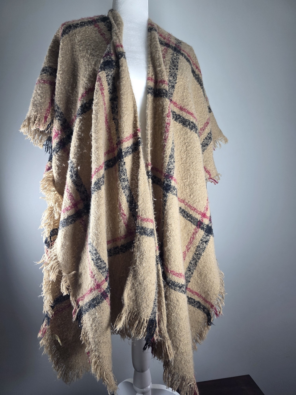 Women’s One Size Plaid Fringe Shawl Poncho Wrap – Tan Black & Red